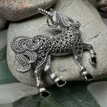 Load image into Gallery viewer, Elegant Marcasite Unicorn of Scotland Pin - Handmade