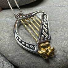 Load image into Gallery viewer, Golden Celtic Irish Harp Necklace in Sterling Silver