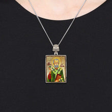 Load image into Gallery viewer, Saint Patrick Religious Jewelry Silver Plated Necklace, Gold-Plated Wooden Cabochon - Celtic Sacred Icon - Celtic Decor