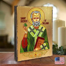 Load image into Gallery viewer, Saint Patrick Wooden Gold Plated Religious Christian Sacred Icon - Celtic Decor