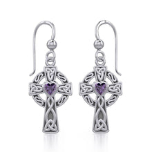 Load image into Gallery viewer, Celtic Cross Sterling Silver Earrings with Heart Gemstone - Celtic Reader