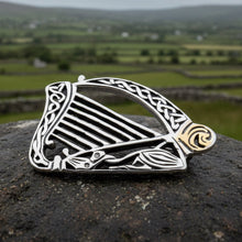 Load image into Gallery viewer, Ancient Bard Celtic Harp Brooch - Irish Sterling Silver Pin