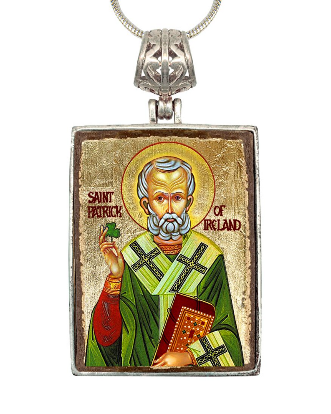 Saint Patrick Religious Jewelry Silver Plated Necklace, Gold-Plated Wooden Cabochon - Celtic Sacred Icon - Celtic Decor