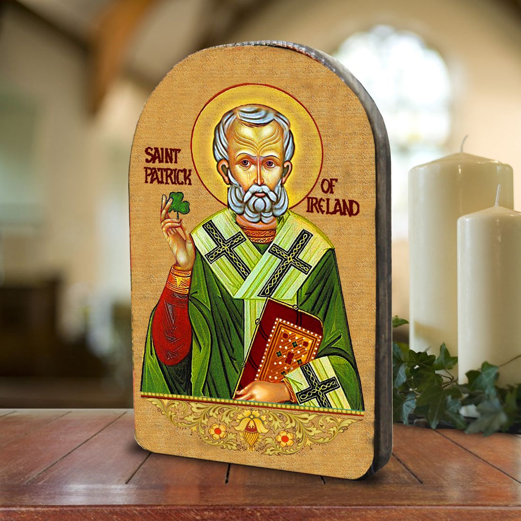 Saint Patrick Wooden Gold Plated Religious Celtic Sacred Icon - Inspirational Icon Decor