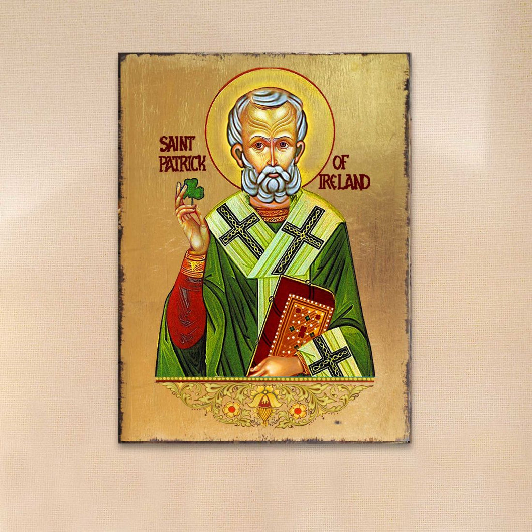 Saint Patrick Wooden Gold Plated Religious Christian Sacred Icon - Celtic Decor