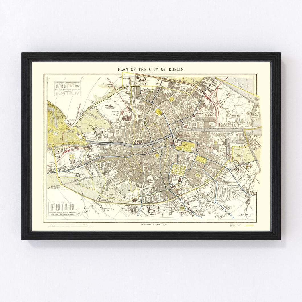 Vintage Map of Dublin, Ireland 1883