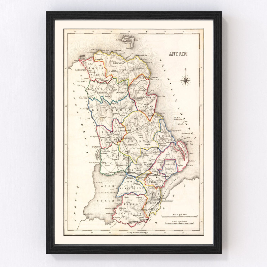 Vintage Map of Antrim County Ireland, 1846