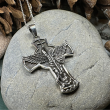 Load image into Gallery viewer, Large Saint Michael Cross Pendant in Sterling Silver
