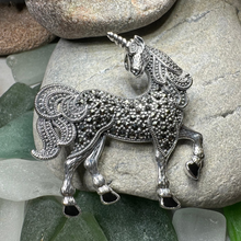 Load image into Gallery viewer, Elegant Marcasite Unicorn of Scotland Pin - Handmade
