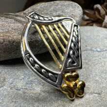 Load image into Gallery viewer, Golden Celtic Irish Harp Necklace in Sterling Silver
