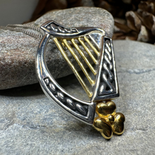 Load image into Gallery viewer, Golden Celtic Irish Harp Necklace in Sterling Silver
