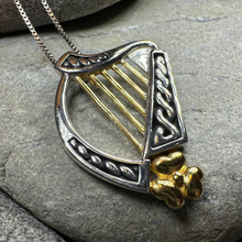 Load image into Gallery viewer, Golden Celtic Irish Harp Necklace in Sterling Silver
