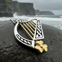 Load image into Gallery viewer, Golden Celtic Irish Harp Necklace in Sterling Silver
