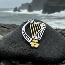 Load image into Gallery viewer, Golden Celtic Irish Harp Necklace in Sterling Silver
