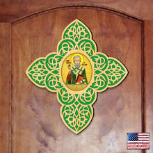 Load image into Gallery viewer, Saint Patrick Filigree Wooden Cross by Museum Icons - Celtic Decor
