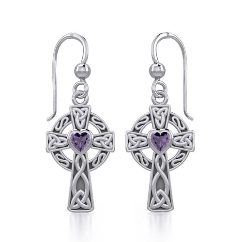 Celtic Cross Sterling Silver Earrings with Heart Gemstone - Celtic Reader