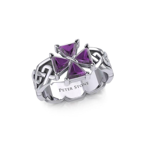 Celtic Knotwork Sterling Silver Ring with Gemstone Cross - Celtic Reader