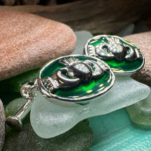 Load image into Gallery viewer, Emerald Green Claddagh Cuff Links
