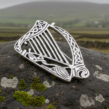 Load image into Gallery viewer, Ancient Bard Celtic Harp Brooch - Irish Sterling Silver Pin
