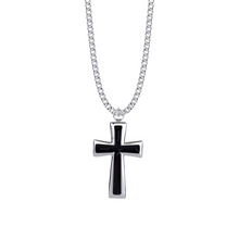 Load image into Gallery viewer, Sterling Silver Black Enameled Cross Necklace | Flared Ends | Men’s Faith Jewelry | Catholic Gift | Confirmation Gift
