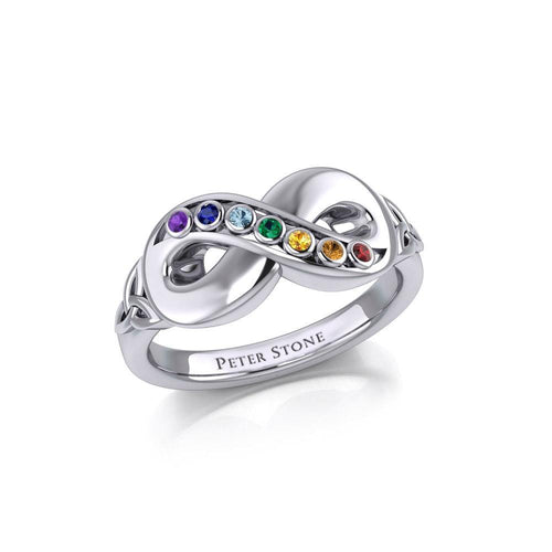 Silver Infinity Ring with Chakra Gemstones - Celtic Reader