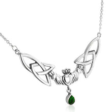 Load image into Gallery viewer, Sterling Silver Celtic Claddagh Trinity Knots Emerald-Green Glass 17" Necklace
